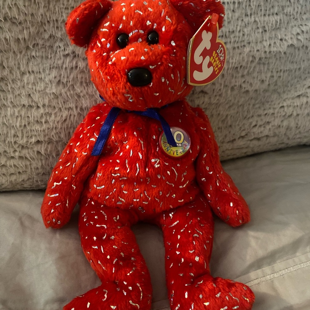 TY Beanie Baby Decade  10 Year Anniversary Red Bear Plush Toy